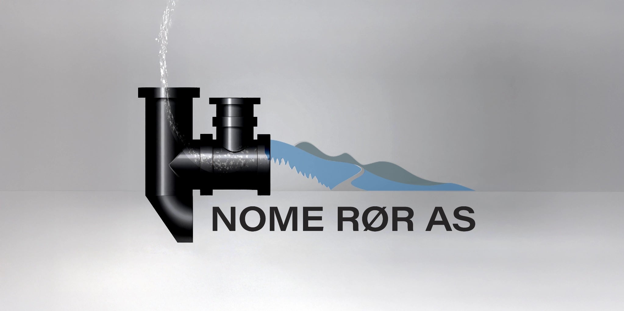 Logo banner for Nome Rør AS med rør og fjell i bakgrunnen Nome Bø Drangedal Midt-telemark
